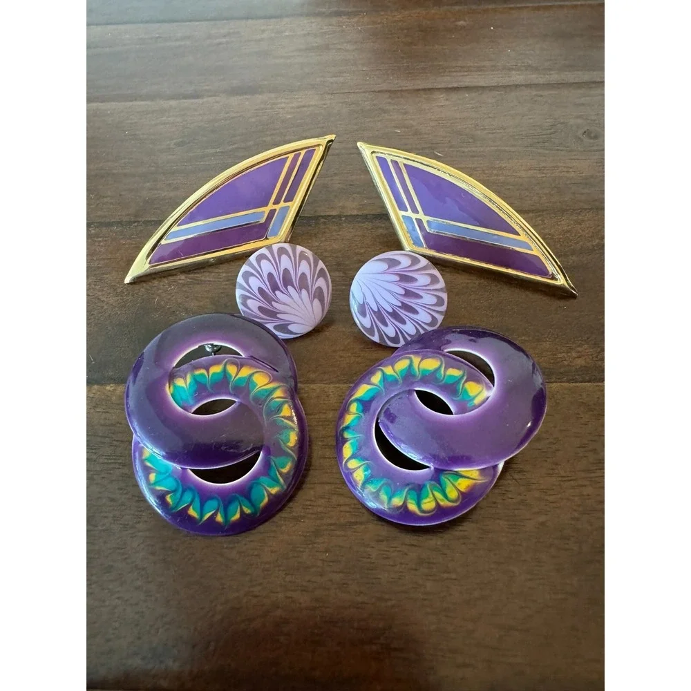 3 Pair Vintage Purple Earrings Metal and‎ Plastic Women Pierced Ears